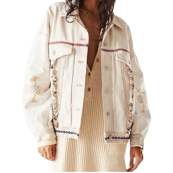 Free People Winter Cactus Embroidered Quilt Sequin Ivory Jacket-L - Picture 2 of 8